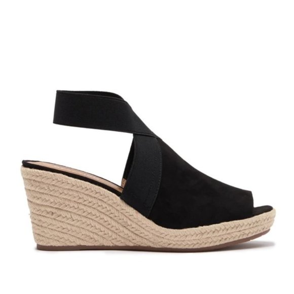 Kenneth Cole Shoes - NEW Kenneth Cole Cara Espadrille Wedge Peep Toe Suede Sandals Black Tan 9.5